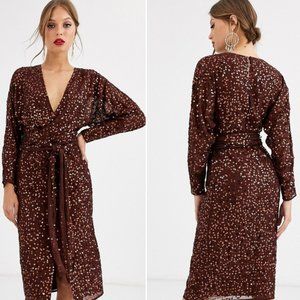 ASOS Midi Dress with Batwing Sleeve and Wrap Waist in Scatter Sequin-Size 4